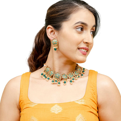 Traditional Indian Matte Antique Gold Plated Kundan,CZ, Studded Choker Necklace with Matching Earring Jewelry Set For Women - Gold Green (SJN_253_G_G)