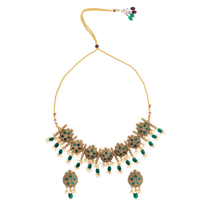 Traditional Indian Matte Antique Gold Plated Kundan,CZ, Studded Choker Necklace with Matching Earring Jewelry Set For Women - Gold Green (SJN_253_G_G)