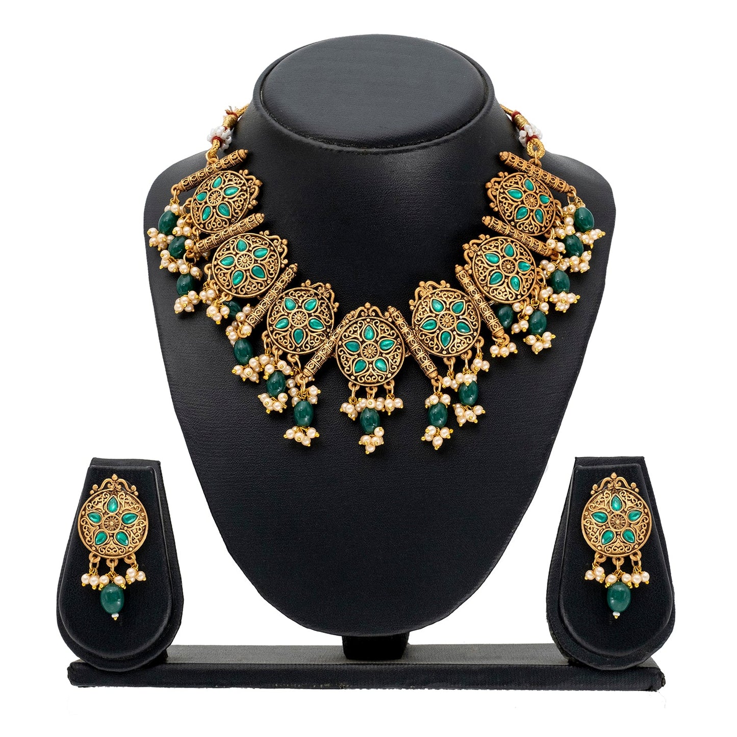 Traditional Indian Matte Antique Gold Plated Kundan,CZ, Studded Choker Necklace with Matching Earring Jewelry Set For Women - Gold Green (SJN_253_G_G)