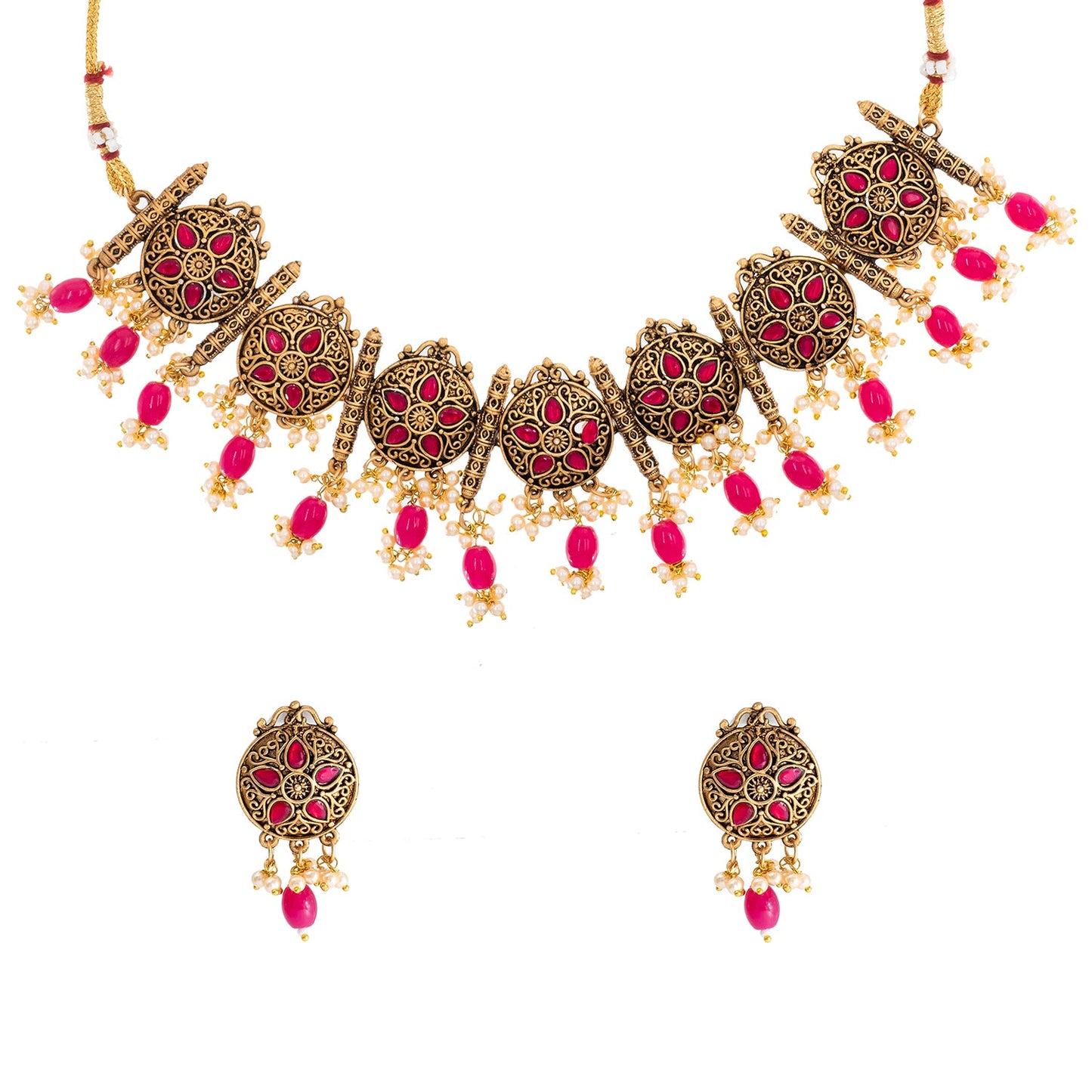 Traditional Indian Matte Antique Gold Plated Kundan,CZ, Studded Choker Necklace with Matching Earring Jewelry Set For Women - Gold Maroon (SJN_253_G_M)