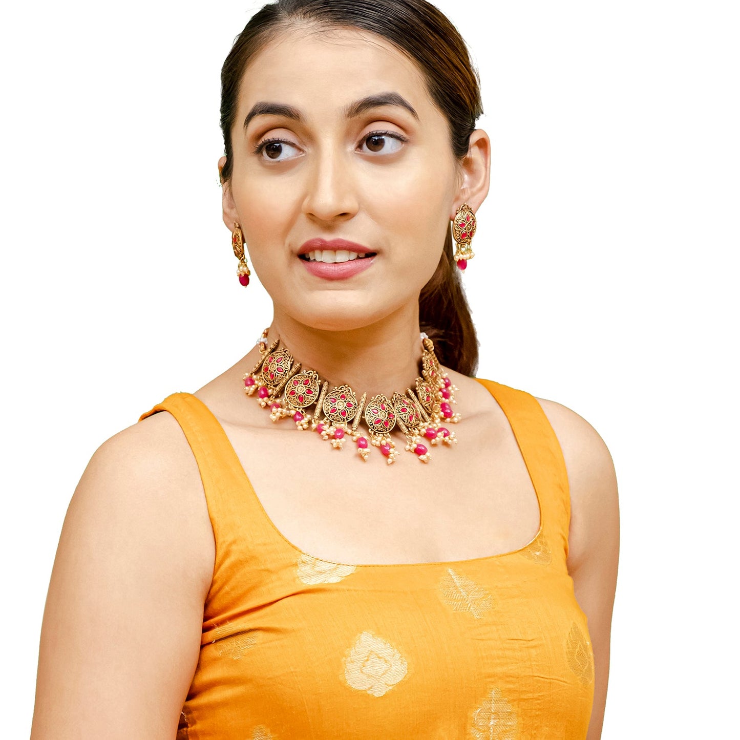 Traditional Indian Matte Antique Gold Plated Kundan,CZ, Studded Choker Necklace with Matching Earring Jewelry Set For Women - Gold Maroon (SJN_253_G_M)