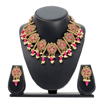 Traditional Indian Matte Antique Gold Plated Kundan,CZ, Studded Choker Necklace with Matching Earring Jewelry Set For Women - Gold Maroon (SJN_253_G_M)