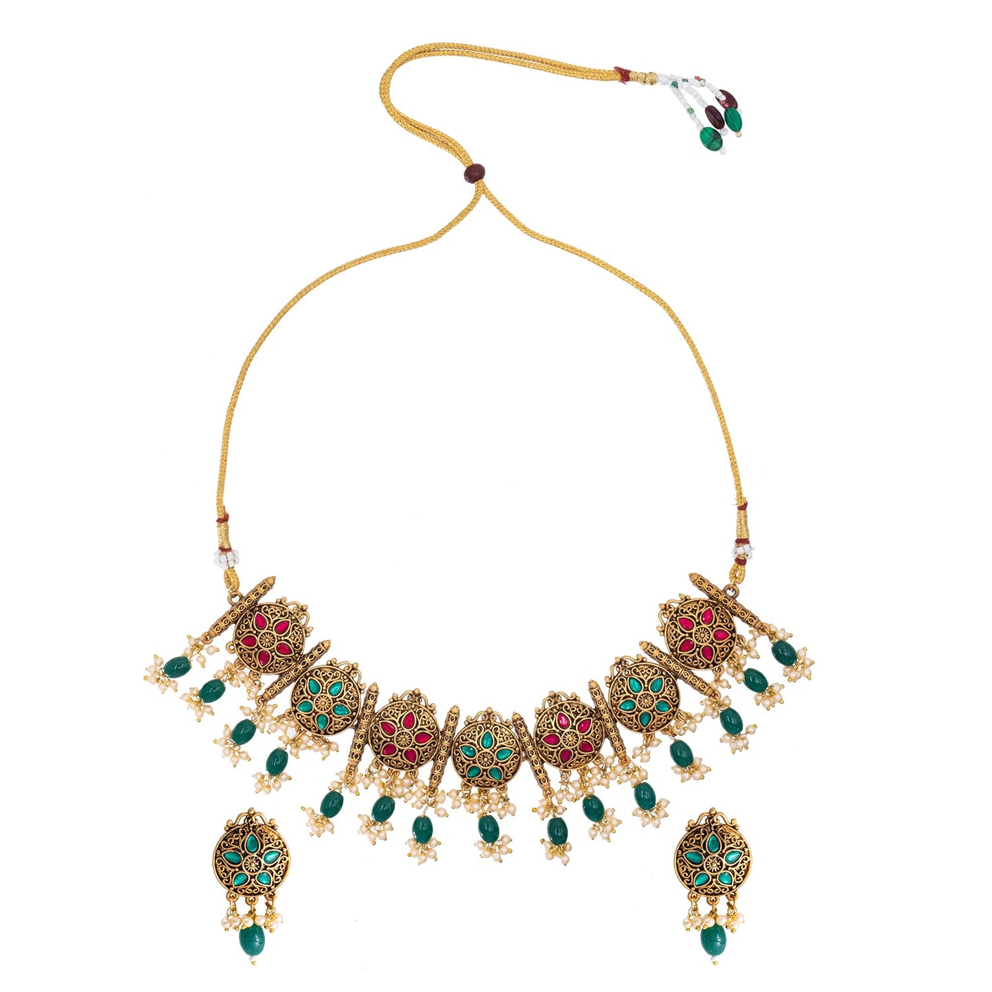 Traditional Indian Matte Antique Gold Plated Kundan,CZ, Studded Choker Necklace with Matching Earring Jewelry Set For Women - Gold Maroon (SJN_253_G_R_G)