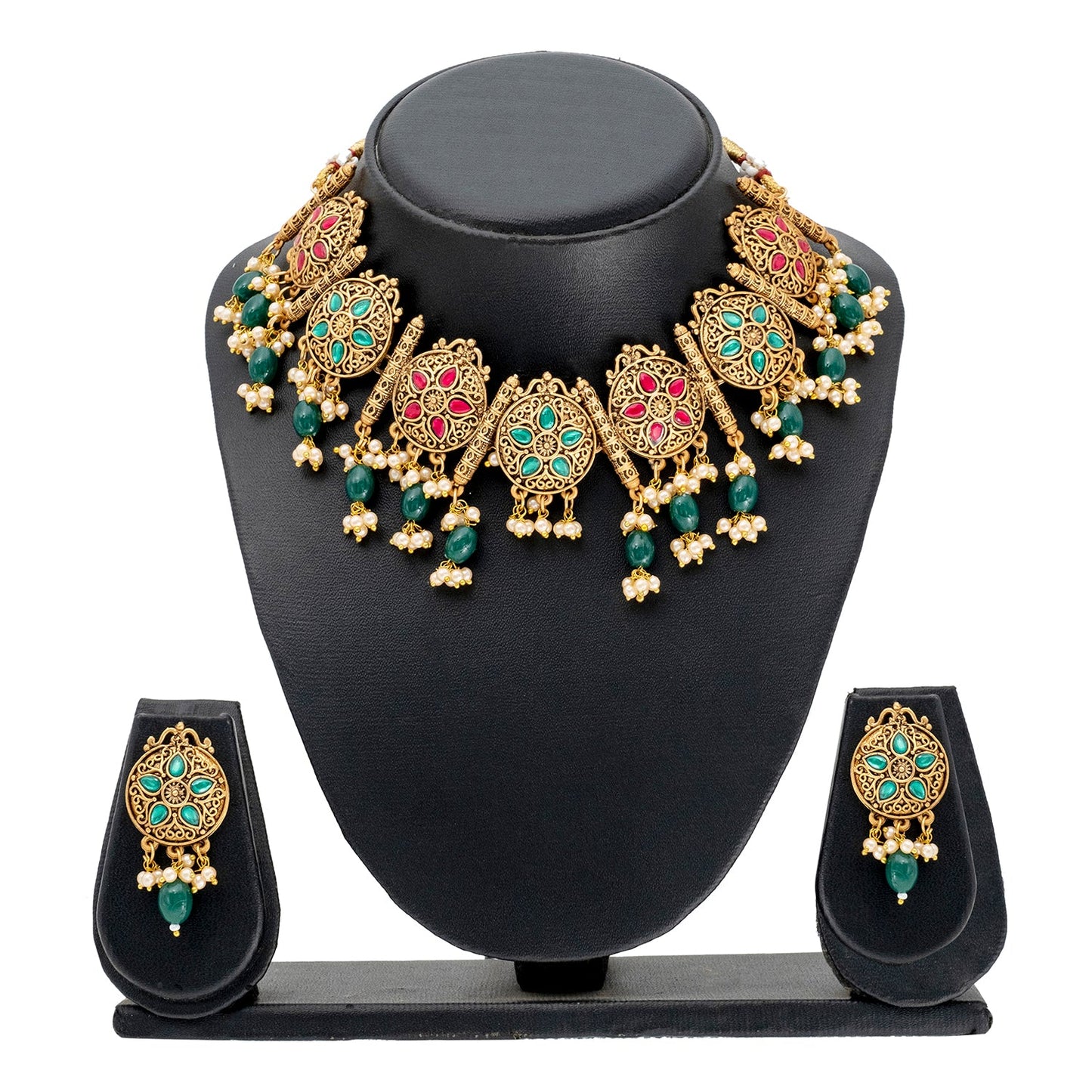 Traditional Indian Matte Antique Gold Plated Kundan,CZ, Studded Choker Necklace with Matching Earring Jewelry Set For Women - Gold Maroon (SJN_253_G_R_G)