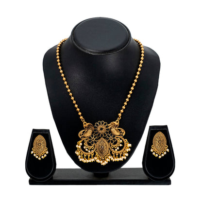 Traditional Indian Matte Antique Gold Plated Kundan,CZ, Studded Dori Necklace with Matching Earring Jewelry Set For Women - Gold Black (SJN_254_G_BK)