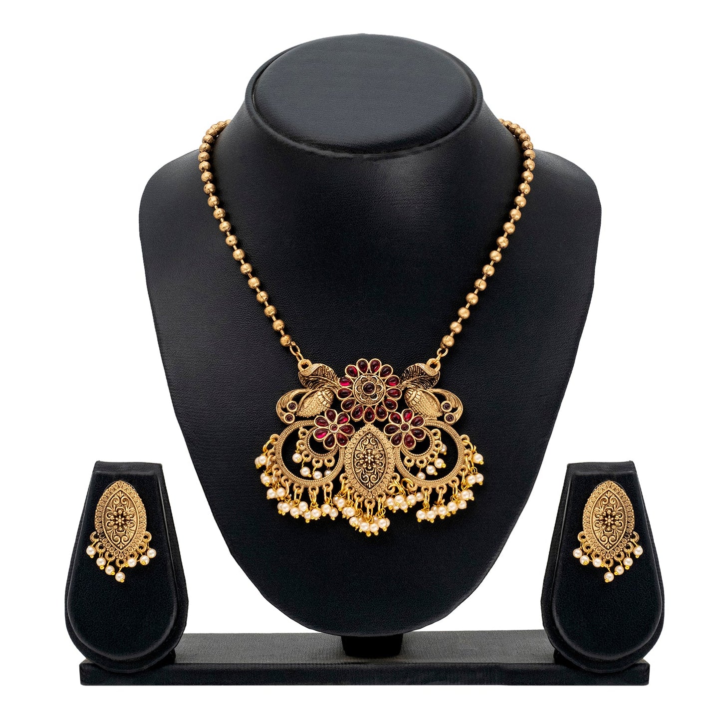 Traditional Indian Matte Antique Gold Plated Kundan,CZ, Studded Dori Necklace with Matching Earring Jewelry Set For Women - Gold Maroon (SJN_254_G_M)