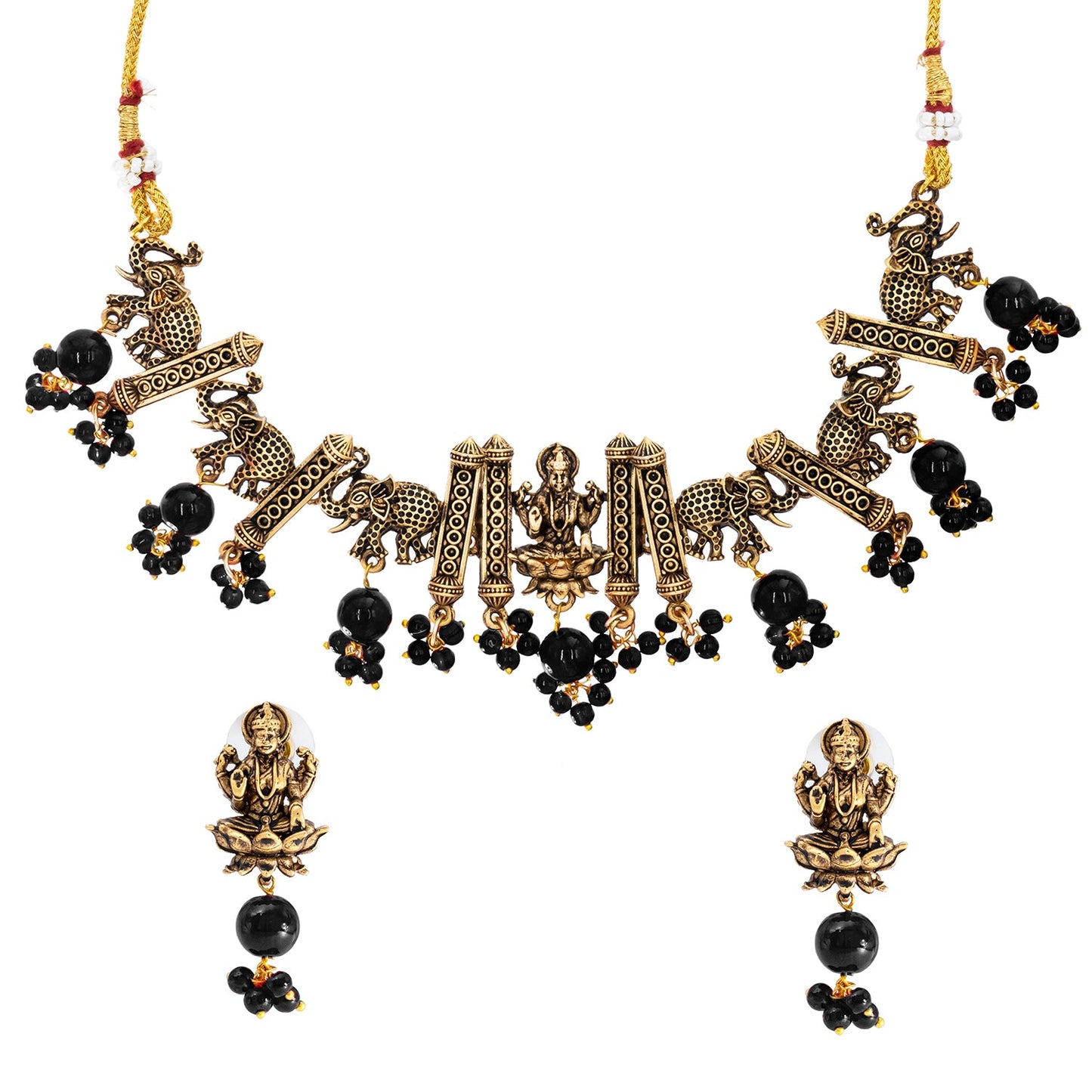 Traditional Indian Matte Gold Plated CZ, Studded Temple And Elephant Design Choker Necklace with Matching Earring Jewelry Set For Women-Gold Black (SJN_255_G_BK)