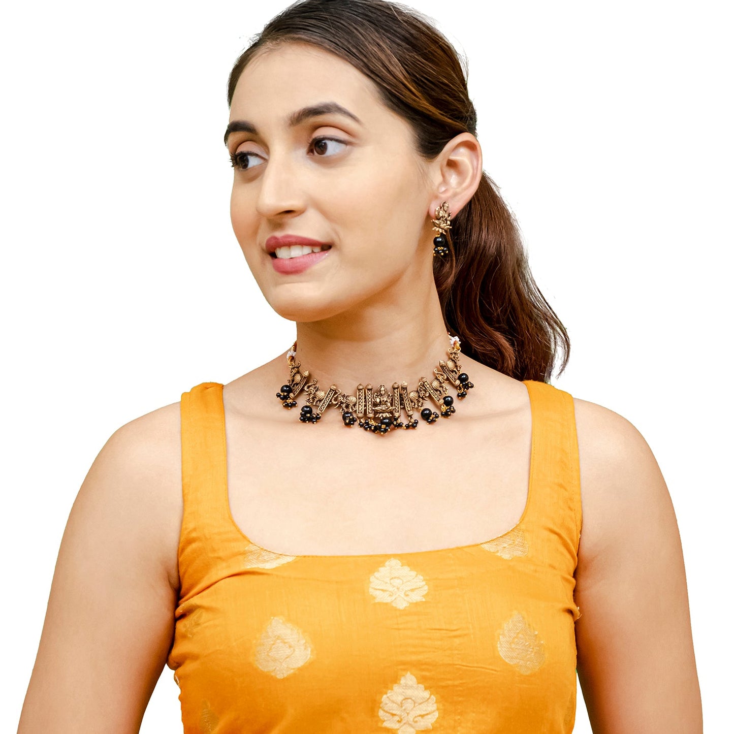 Traditional Indian Matte Gold Plated CZ, Studded Temple And Elephant Design Choker Necklace with Matching Earring Jewelry Set For Women-Gold Black (SJN_255_G_BK)