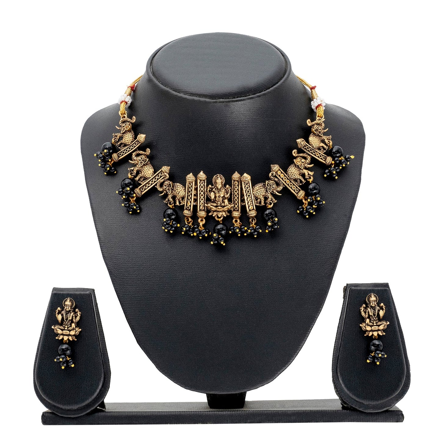 Traditional Indian Matte Gold Plated CZ, Studded Temple And Elephant Design Choker Necklace with Matching Earring Jewelry Set For Women-Gold Black (SJN_255_G_BK)