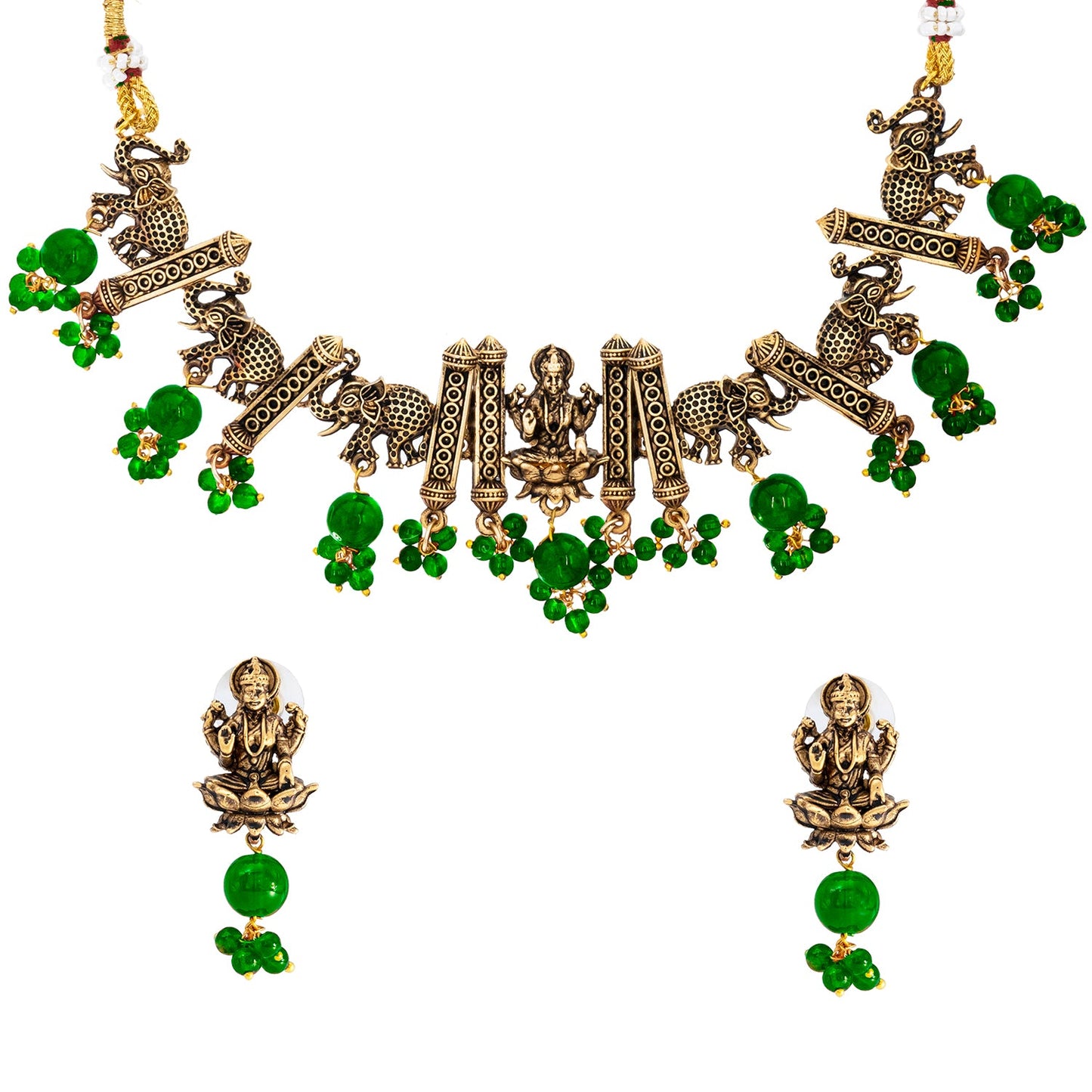 Traditional Indian Matte Gold Plated CZ, Studded Temple And Elephant Design Choker Necklace with Matching Earring Jewelry Set For Women-Gold Green (SJN_255_G_G)