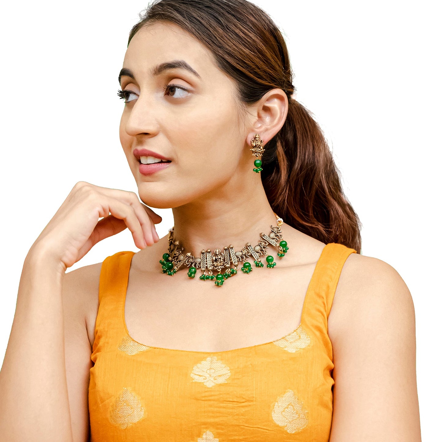 Traditional Indian Matte Gold Plated CZ, Studded Temple And Elephant Design Choker Necklace with Matching Earring Jewelry Set For Women-Gold Green (SJN_255_G_G)