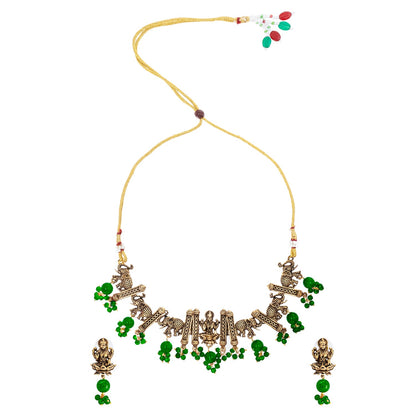 Traditional Indian Matte Gold Plated CZ, Studded Temple And Elephant Design Choker Necklace with Matching Earring Jewelry Set For Women-Gold Green (SJN_255_G_G)