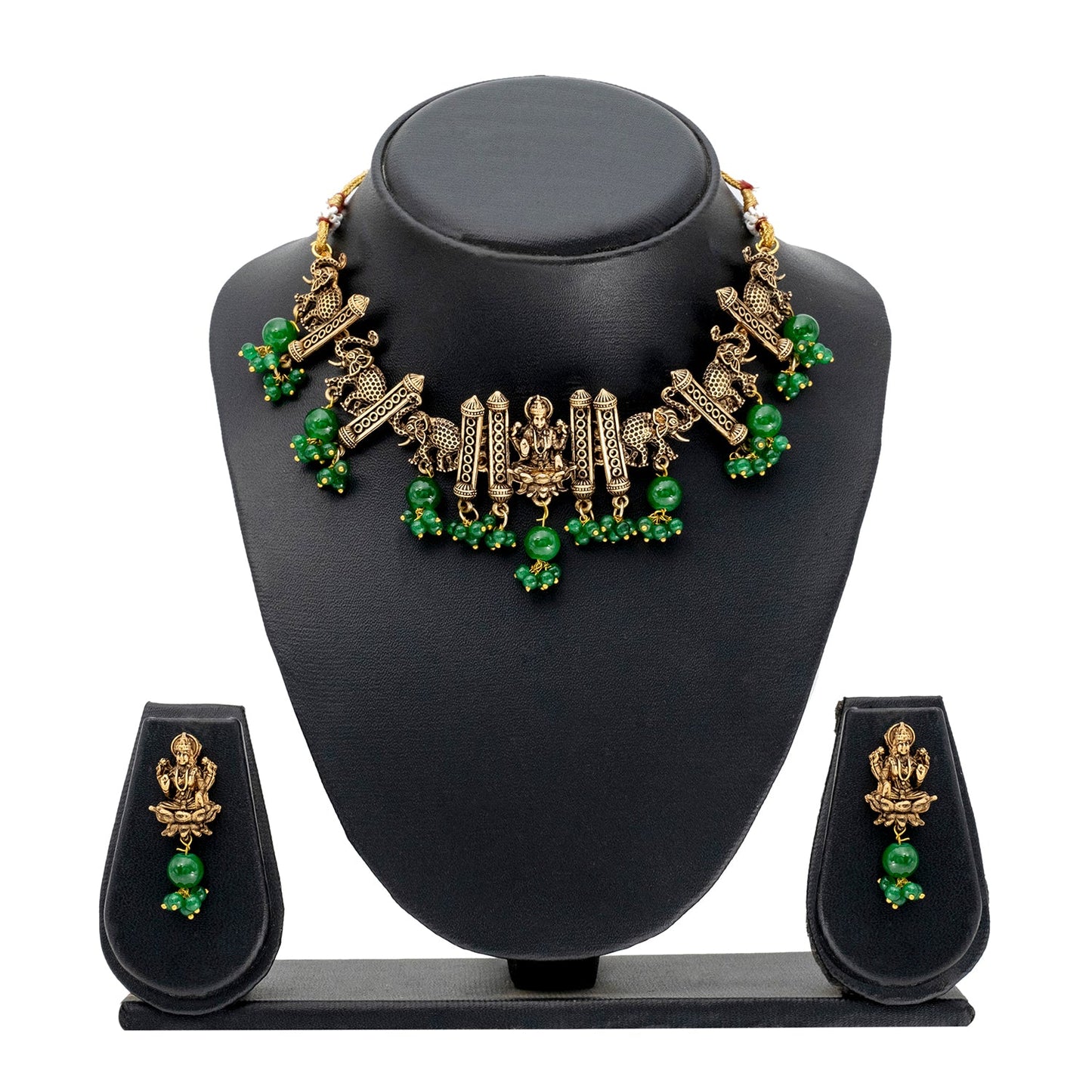 Traditional Indian Matte Gold Plated CZ, Studded Temple And Elephant Design Choker Necklace with Matching Earring Jewelry Set For Women-Gold Green (SJN_255_G_G)