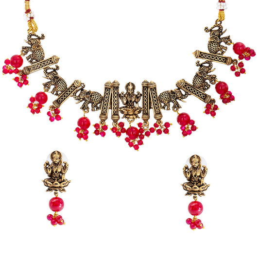 Traditional Indian Matte Gold Plated CZ, Studded Temple And Elephant Design Choker Necklace with Matching Earring Jewelry Set For Women-Gold Maroon (SJN_255_G_M)