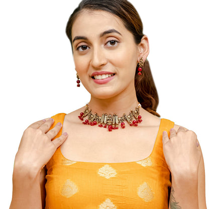 Traditional Indian Matte Gold Plated CZ, Studded Temple And Elephant Design Choker Necklace with Matching Earring Jewelry Set For Women-Gold Maroon (SJN_255_G_M)