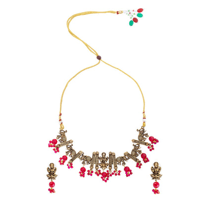 Traditional Indian Matte Gold Plated CZ, Studded Temple And Elephant Design Choker Necklace with Matching Earring Jewelry Set For Women-Gold Maroon (SJN_255_G_M)