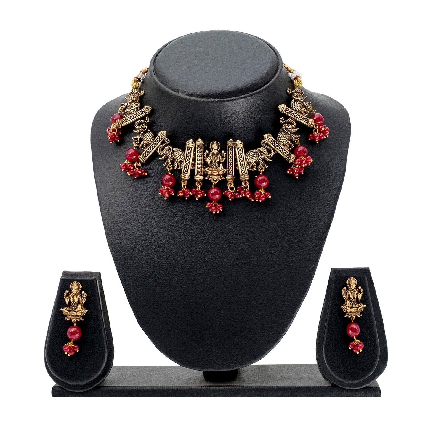 Traditional Indian Matte Gold Plated CZ, Studded Temple And Elephant Design Choker Necklace with Matching Earring Jewelry Set For Women-Gold Maroon (SJN_255_G_M)