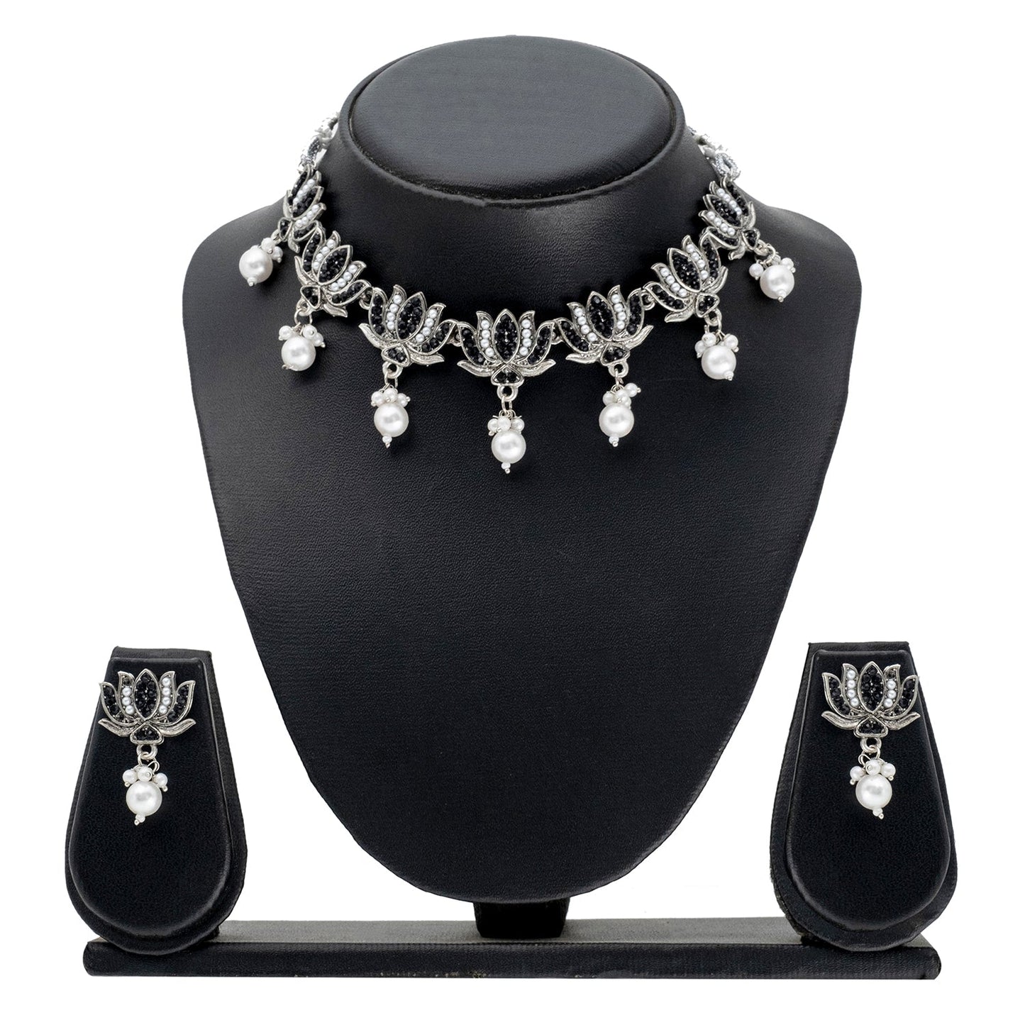 Traditional Indian Matte Silver Plated Kundan CZ, Studded Lotus Choker Necklace with Matching Lotus Earring Jewelry Set For Women - Silver Black (SJN_256_S_BK)