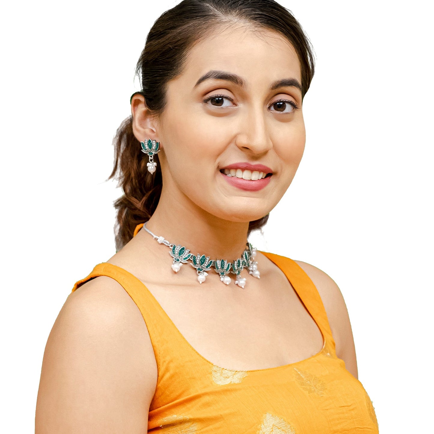 Traditional Indian Matte Silver Plated Kundan CZ, Studded Lotus Choker Necklace with Matching Lotus Earring Jewelry Set For Women - Silver Green (SJN_256_S_G)