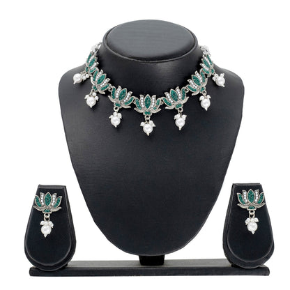 Traditional Indian Matte Silver Plated Kundan CZ, Studded Lotus Choker Necklace with Matching Lotus Earring Jewelry Set For Women - Silver Green (SJN_256_S_G)