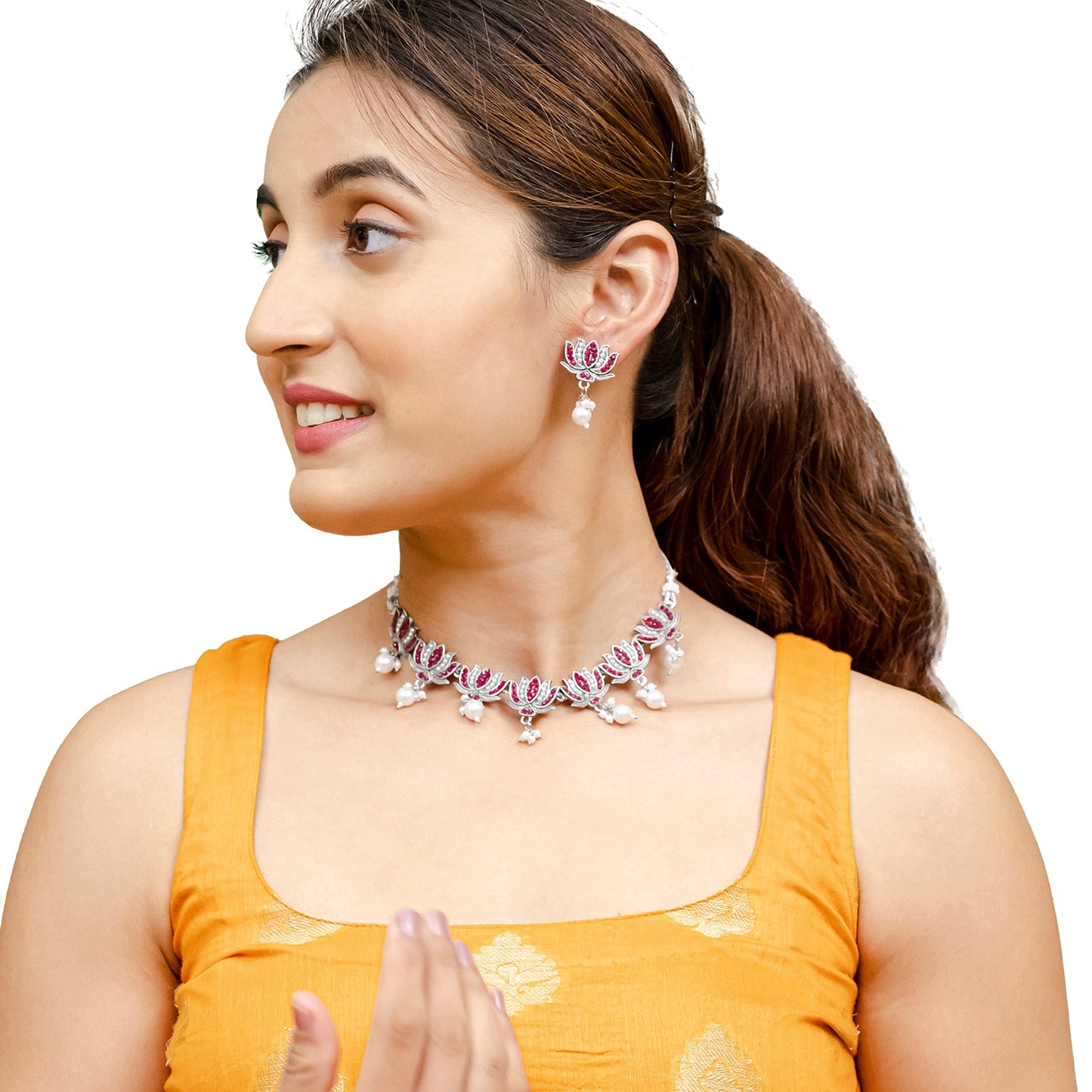 Traditional Indian Matte Silver Plated Kundan CZ, Studded Lotus Choker Necklace with Matching Lotus Earring Jewelry Set For Women - Silver Maroon (SJN_256_S_M)