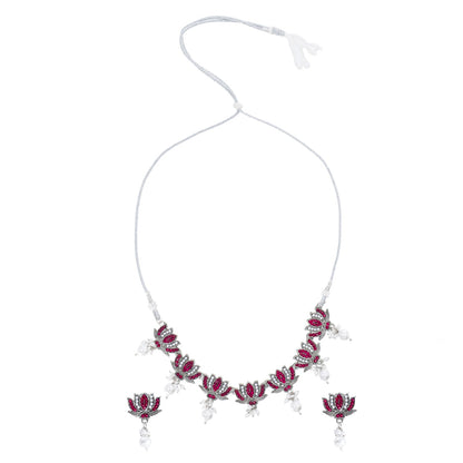 Traditional Indian Matte Silver Plated Kundan CZ, Studded Lotus Choker Necklace with Matching Lotus Earring Jewelry Set For Women - Silver Maroon (SJN_256_S_M)