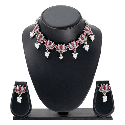 Traditional Indian Matte Silver Plated Kundan CZ, Studded Lotus Choker Necklace with Matching Lotus Earring Jewelry Set For Women - Silver Maroon (SJN_256_S_M)