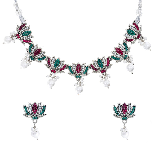 Traditional Indian Matte Silver Plated Kundan CZ, Studded Lotus Choker Necklace with Matching Lotus Earring Jewelry Set For Women - Silver Ruby Green (SJN_256_S_R_G)