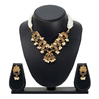 Traditional Indian Matte Gold Plated Kundan CZ, Studded Leaf Shape Choker Necklace with Matching Earring Jewelry Set For Women - Gold Black (SJN_257_G_BK)