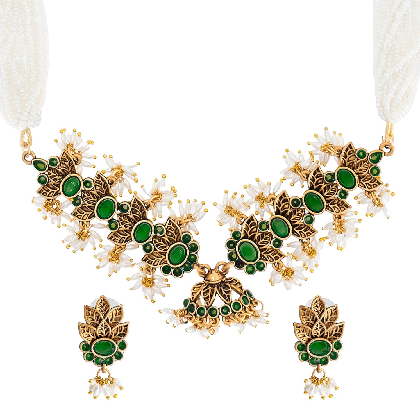 Traditional Indian Matte Gold Plated Kundan CZ, Studded Leaf Shape Choker Necklace with Matching Earring Jewelry Set For Women - Gold Green (SJN_257_G_G)