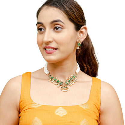 Traditional Indian Matte Gold Plated Kundan CZ, Studded Leaf Shape Choker Necklace with Matching Earring Jewelry Set For Women - Gold Green (SJN_257_G_G)