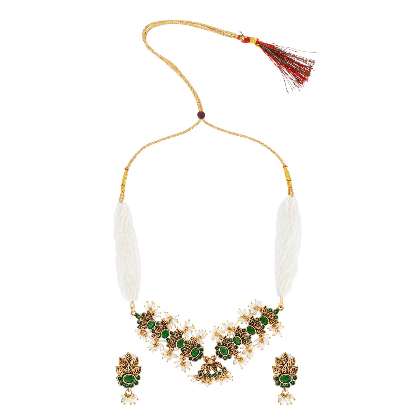 Traditional Indian Matte Gold Plated Kundan CZ, Studded Leaf Shape Choker Necklace with Matching Earring Jewelry Set For Women - Gold Green (SJN_257_G_G)