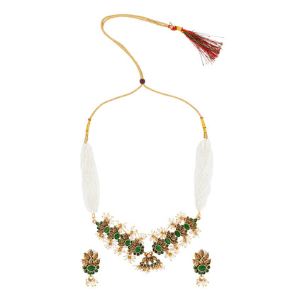 Traditional Indian Matte Gold Plated Kundan CZ, Studded Leaf Shape Choker Necklace with Matching Earring Jewelry Set For Women - Gold Green (SJN_257_G_G)