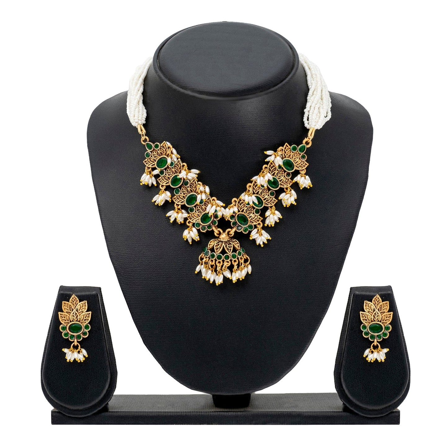 Traditional Indian Matte Gold Plated Kundan CZ, Studded Leaf Shape Choker Necklace with Matching Earring Jewelry Set For Women - Gold Green (SJN_257_G_G)