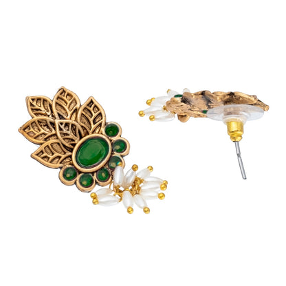 Traditional Indian Matte Gold Plated Kundan CZ, Studded Leaf Shape Choker Necklace with Matching Earring Jewelry Set For Women - Gold Green (SJN_257_G_G)