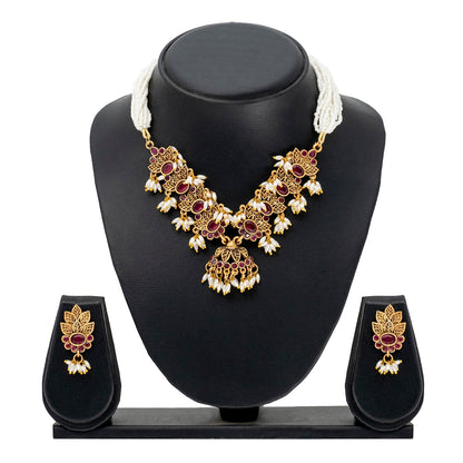 Traditional Indian Matte Gold Plated Kundan CZ, Studded Leaf Shape Choker Necklace with Matching Earring Jewelry Set For Women - Gold Maroon (SJN_257_G_M)