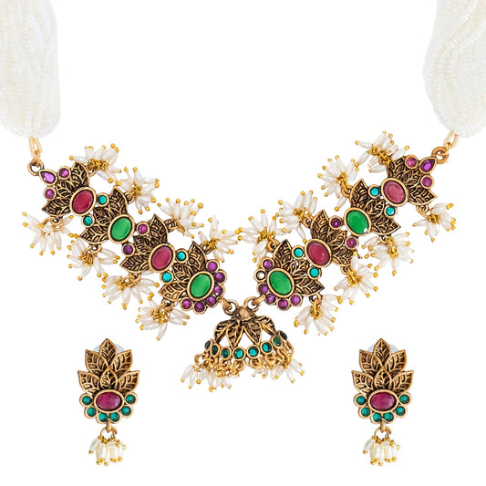 Traditional Indian Matte Gold Plated Kundan CZ, Studded Leaf Shape Choker Necklace with Matching Earring Jewelry Set For Women - Gold Ruby Green (SJN_257_G_R_G)