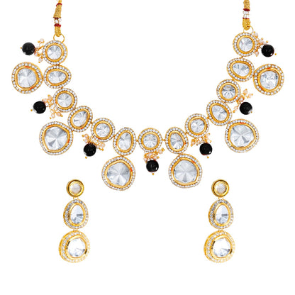 Traditional Indian Gold Plated Kundan,CZ, Studded Dori Necklace with Matching Earring Jewelry Set For Women - Black (SJN_258_BK)