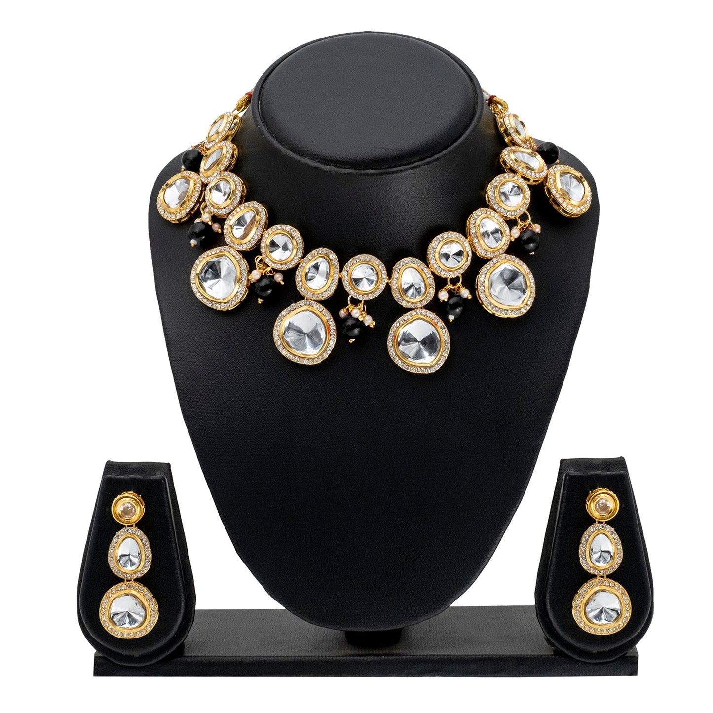 Traditional Indian Gold Plated Kundan,CZ, Studded Dori Necklace with Matching Earring Jewelry Set For Women - Black (SJN_258_BK)