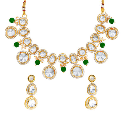 Traditional Indian Gold Plated Kundan,CZ, Studded Dori Necklace with Matching Earring Jewelry Set For Women - Green (SJN_258_G)