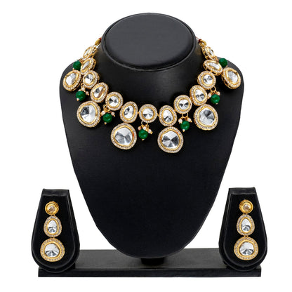 Traditional Indian Gold Plated Kundan,CZ, Studded Dori Necklace with Matching Earring Jewelry Set For Women - Green (SJN_258_G)