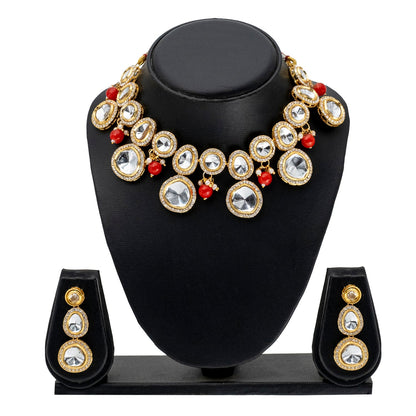 Traditional Indian Gold Plated Kundan,CZ, Studded Dori Necklace with Matching Earring Jewelry Set For Women - Maroon (SJN_258_M)