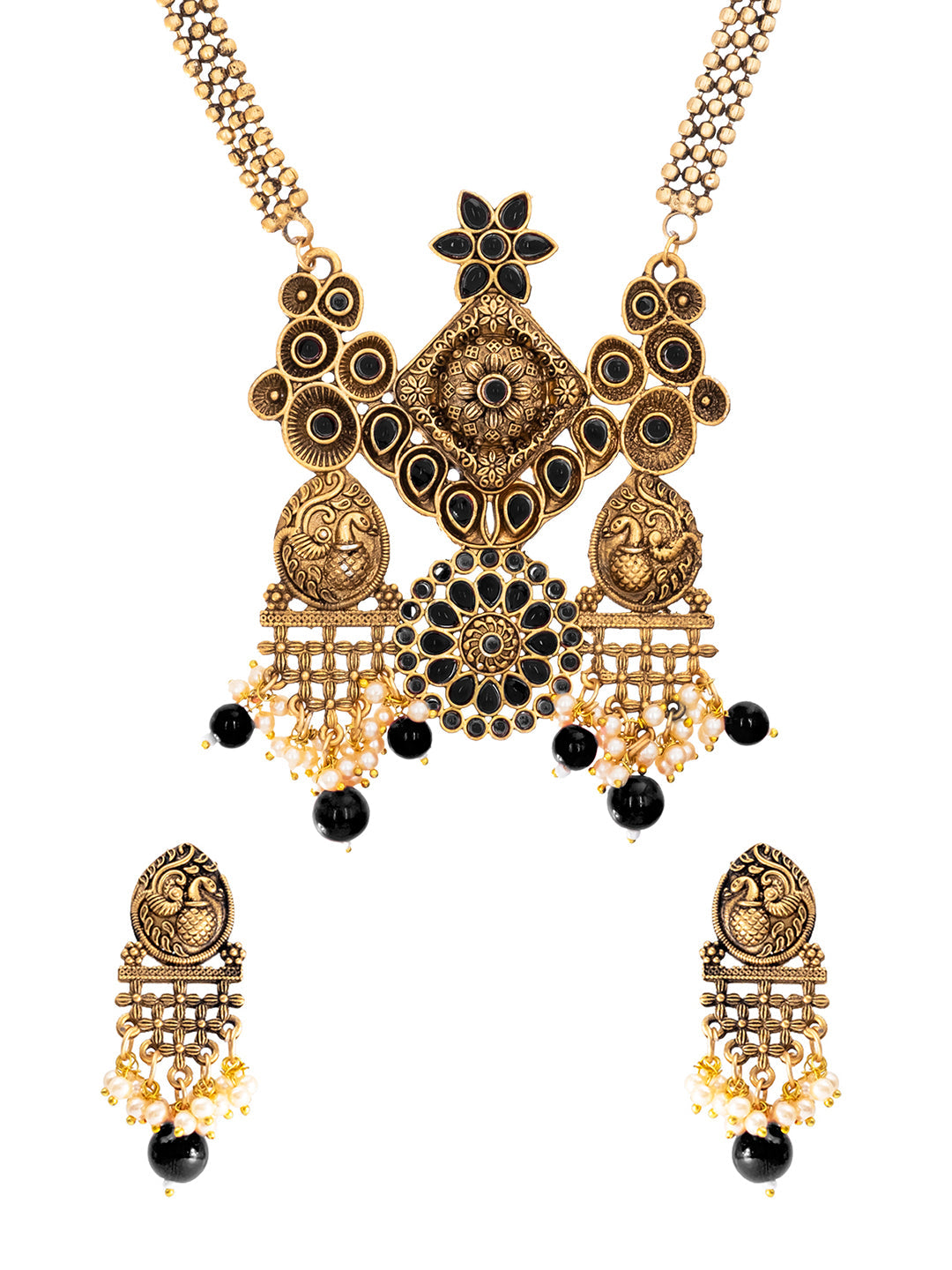 Traditional Indian Matte Antique Gold Plated Oxidised Kundan,CZ, Studded Peacock Design Dori Necklace with Matching Earring Jewelry Set For Women - Black (SJN_259_BK)