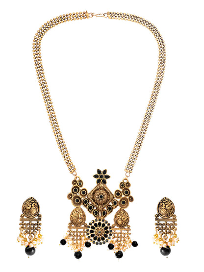 Traditional Indian Matte Antique Gold Plated Oxidised Kundan,CZ, Studded Peacock Design Dori Necklace with Matching Earring Jewelry Set For Women - Black (SJN_259_BK)