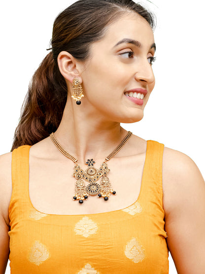 Traditional Indian Matte Antique Gold Plated Oxidised Kundan,CZ, Studded Peacock Design Dori Necklace with Matching Earring Jewelry Set For Women - Black (SJN_259_BK)