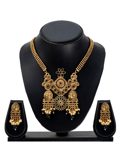 Traditional Indian Matte Antique Gold Plated Oxidised Kundan,CZ, Studded Peacock Design Dori Necklace with Matching Earring Jewelry Set For Women - Black (SJN_259_BK)