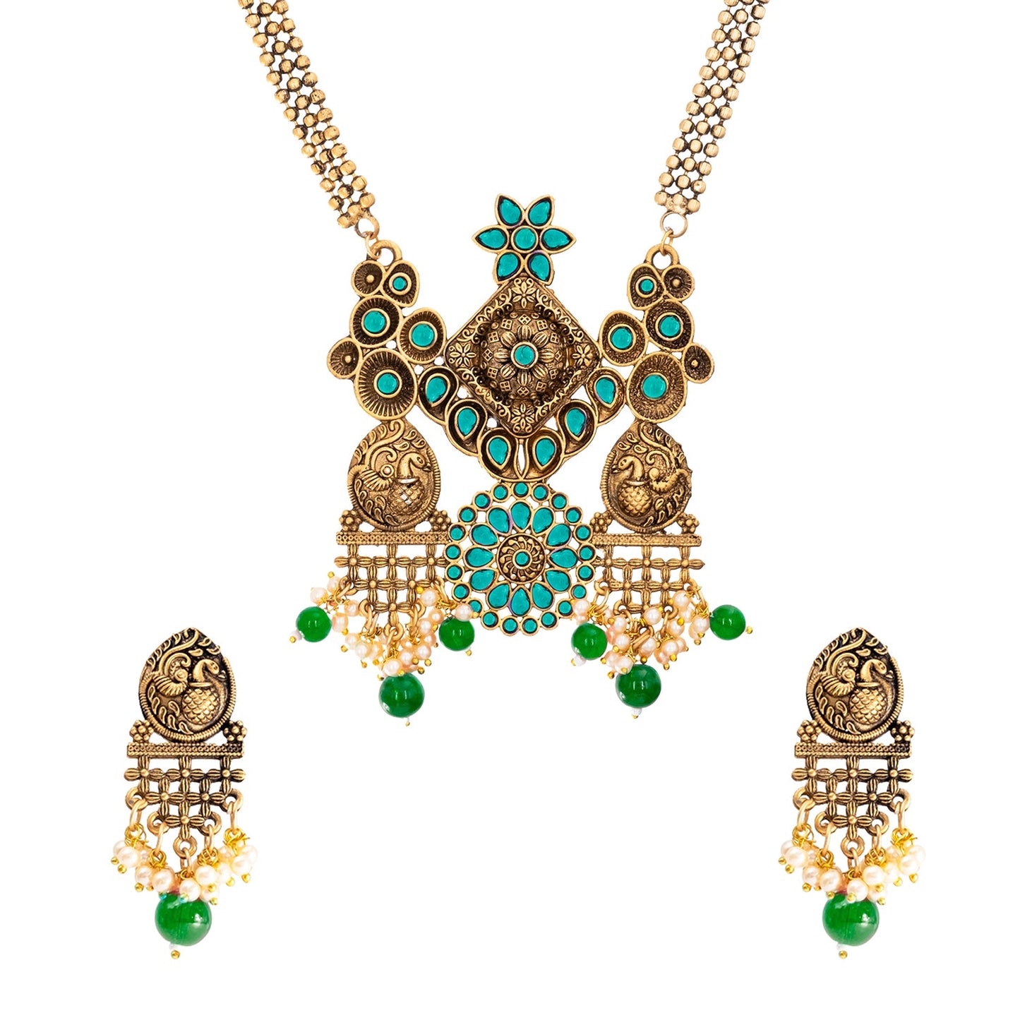 Traditional Indian Matte Antique Gold Plated Oxidised Kundan,CZ, Studded Peacock Design Dori Necklace with Matching Earring Jewelry Set For Women - Green (SJN_259_G)