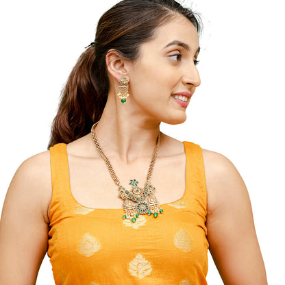 Traditional Indian Matte Antique Gold Plated Oxidised Kundan,CZ, Studded Peacock Design Dori Necklace with Matching Earring Jewelry Set For Women - Green (SJN_259_G)