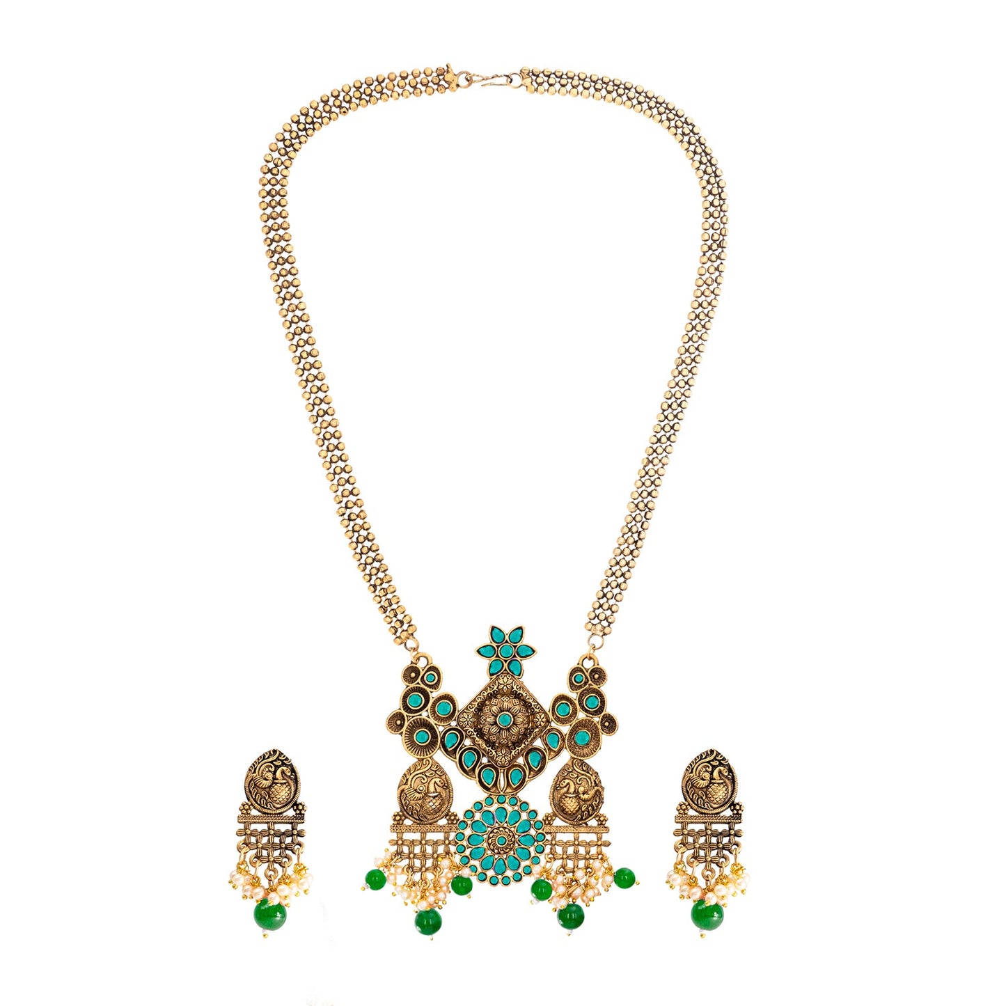 Traditional Indian Matte Antique Gold Plated Oxidised Kundan,CZ, Studded Peacock Design Dori Necklace with Matching Earring Jewelry Set For Women - Green (SJN_259_G)