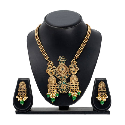 Traditional Indian Matte Antique Gold Plated Oxidised Kundan,CZ, Studded Peacock Design Dori Necklace with Matching Earring Jewelry Set For Women - Green (SJN_259_G)